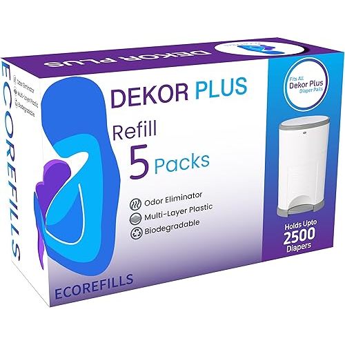 ECO-REFILLS Diaper Pail Refills - Fits Dekor PLUS Extra Thick, Powerful Odor Elimination & Fresh Powder Scent | Easy to Replace and Dispose of Diaper Bag (5 Count (Pack of 1))