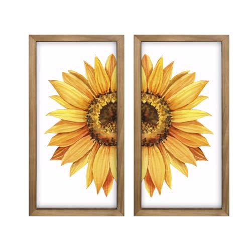 pechpell 2pcs Sunflower Wall Decor With Wood Framed, 15.7x7.9 In Wooden Sunflower Pictures Art, Summer Kitchen Bedroom Bathroom Living Room Decorations for Home