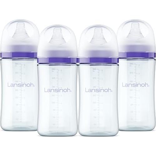 Lansinoh Anti-Colic Glass Baby Bottles, 8 Ounces, 4 Count Bottles for Feeding, Baby Essentials, Includes 4 Medium Flow Nipples, Size M