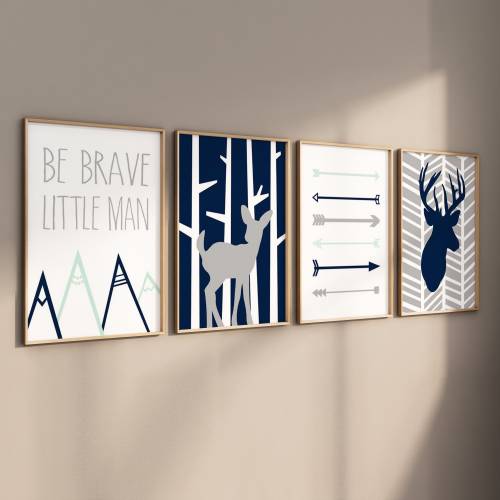 Navy Mint Nursery Art Mint Navy Deer Nursery Decor Woodland Nursery Art Arrow Nursery Art Be Brave Little Man Set of 4 PRINTS OR CANVAS