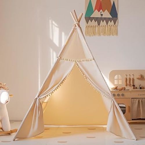 Kids Teepee Tent with Storage Bag & Window - Foldable Indoor Playhouse for Ages 3-8, Portable Children's Hut for Bedroom Decor, Birthday Gifts for Boys Girls (Beige)