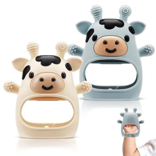 2 Packs Baby Teething Toys for 0-6 6-12 Months, Food Grade Silicone Adjustable Cow Teething Mitten, Chew Teether Toys for Teething Pain Relief, Baby and New Born Essentials, Blue & White