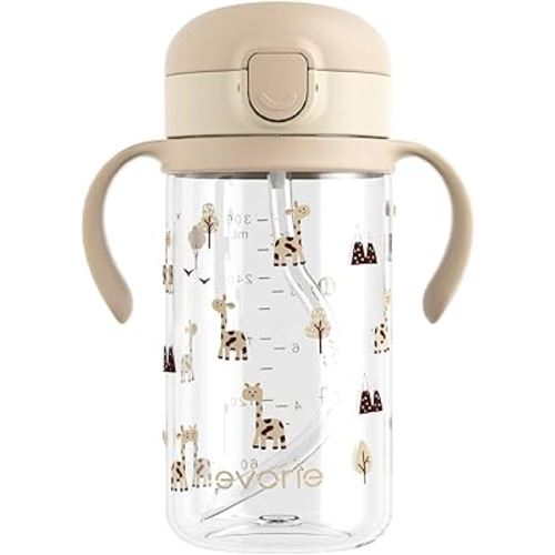 Evorie Tritan Spill Proof Toddler Straw Sippy Cup, 10 oz for Baby and Toddlers 1-3 Years Old, No Spill Straw Water Bottle with Removable Handles, Ideal for School, BPA-Free, Giraffe (NEW)