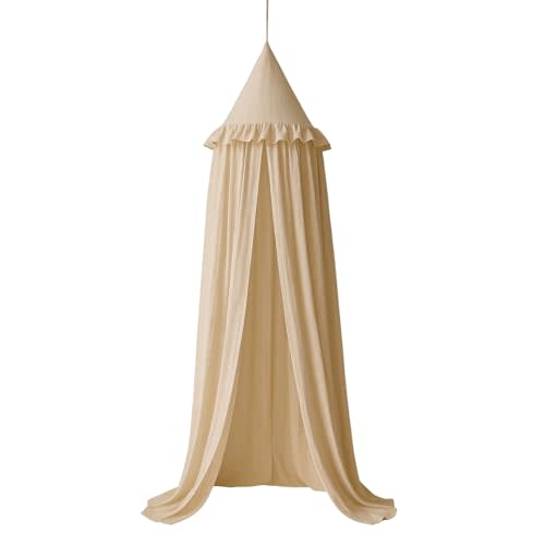 Wonder Space Kids Bed Canopy with Ruffles, Pastel Neutral Color for Boys & Girls, Frilled Cotton Tent Nursery Room Baby Crib Hanging Curtain Mosquito Netting Children Reading Nook Decoration (Khaki)