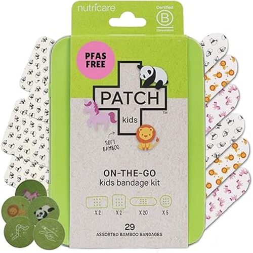 Patch Kids On-The-Go Natural Bamboo Adhesive Bandage Kit for Sensitive Skin, Eco-Friendly Hypoallergenic Bandages for Sensitive Skin. Non Toxic Bandages for Boys & Girls with Cute Prints, 29 ct Small