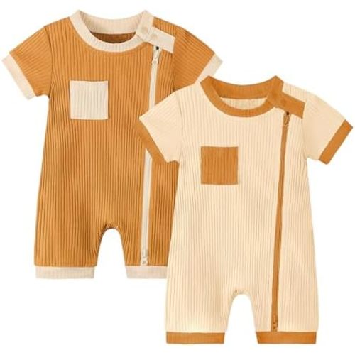 Volunboy Newborn Summer Clothes Unisex Baby Boy Girl 2 Pack Rompers Short Sleeve Two Way Zipper One-piece Jumpsuits Bodysuits