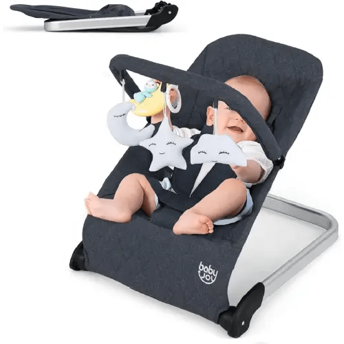 BABY JOY Baby Bouncer, Foldable Baby Bouncer Seat with 5-Point Safety Harness, Removable Fabric Cover & 3 Plush Toys, Portable Infant Bouncer for Babies 0-6 Months (Dark Grey)