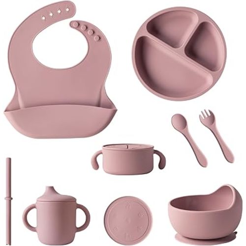 Silicone Baby Feeding Set – Baby-Led Weaning Essentials | Suction Plate, Bowl, Snack Cup, Bib, Straw Cup & Utensils | BPA-Free, Microwave & Dishwasher Safe – Pale Mauve