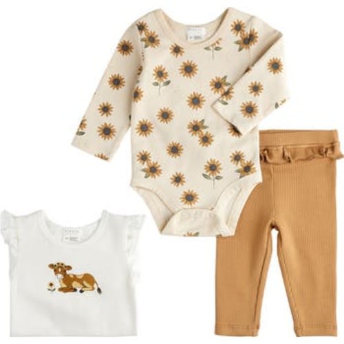 Sunflower & Calf Print Cotton Bodysuits & Solid Joggers Set