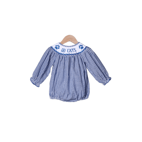 Smocked Go Cats Blue Gingham Seersucker Long Sleeve Bubble