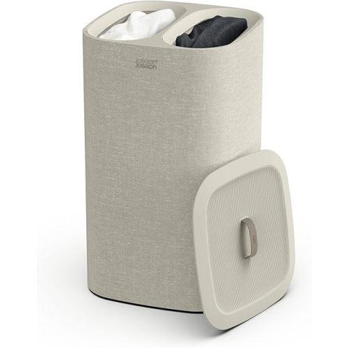 Joseph Joseph Tota 60-liter Laundry Hamper Separation Basket with lid, 2 Removable Washing Bags with Handles- Ecru