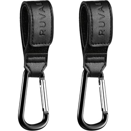 RUVALINO® Leather Stroller Hooks for Diaper Bag and Stroller Organizer - Stroller Strap with Large Carabiner Clip for Shopping Bags - Accessories for Wheelchair, Shopping and Pet Carts, Black, 2 Pack