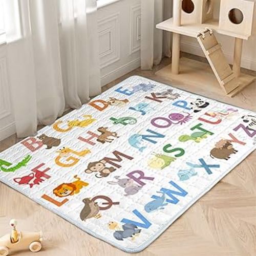Baby Play Mat, 71x59 Playpen Mat with Super Soft Touch, Activity Mat with Upgraded Anti-Slip Bottom, Machine Washable Crawling Mat for Floor & Picnic (Animal Alphabets)