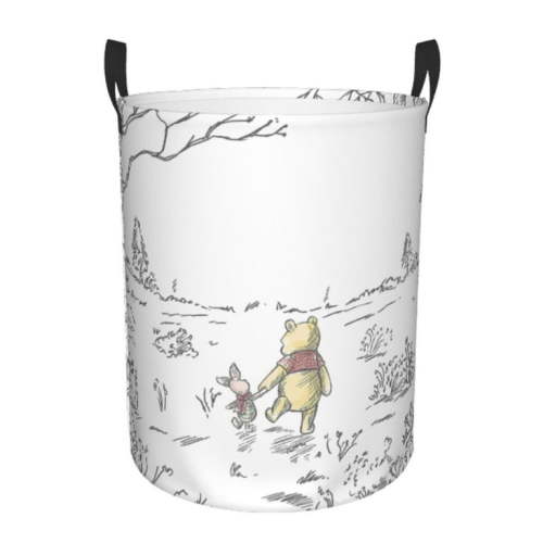 Winnie the Pooh Laundry Hamper with Handles, Foldable Waterproof Circular Basket, Kids Toys Dirty Clothes Storage Organizer Basket for Bedroom Bathroom Nursery Dorm Small