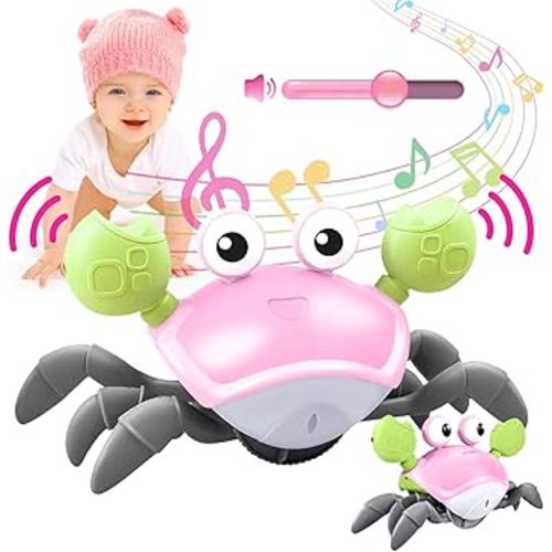 Crawling Crab Baby Toy - Tummy Time Toys - with Music and LED Light,Built-in Rechargeable Battery and Volume Can be Turned Off for 0-6 6-12 12-18 36 Months Walking Toddler Birthday Gift(Pink)