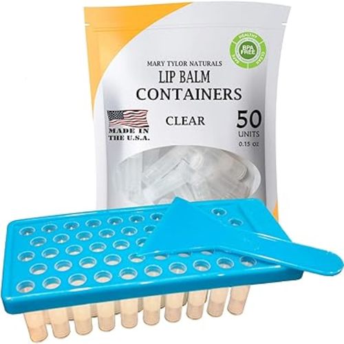 Lip Balm Container Tray Kit with Fill Tray and Spatula, BPA Free, Made in the USA, Includes 50 Clear Containers with Caps (0.15 oz each) by Mary Tylor Naturals