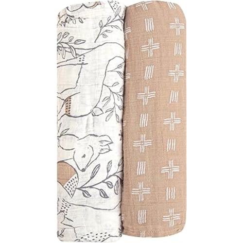 Crane Baby Soft Muslin Swaddle, Soft Swaddle Wraps for Boys and Girls, Beige and Woodland Animal, 2 Count, 47" x 47"