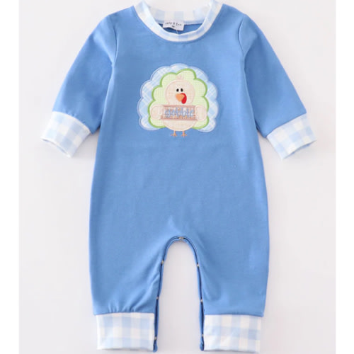 Blue turkey applique boy romper