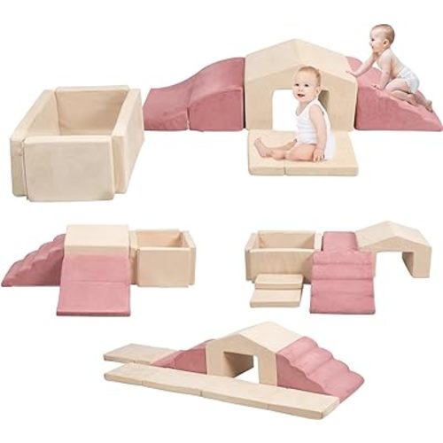 Soft Play Climb and Crawl Activity Playset,Foam Climbing Building Blocks for Toddlers with Ball Pit - Baby Crawling & Sliding Gym Equipment Indoor Active Playing for Preschool,6 Pcs (Beige + Pink)