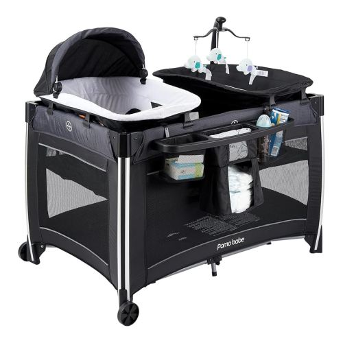 Pamo Babe 4 in 1 Baby Playards with Bassinet & Changing Table, Portable Crib Breathable Mesh and Toy Mobile