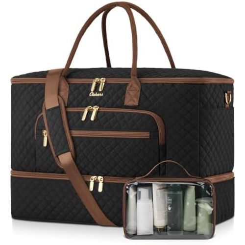 Travel Duffle Bag, Wide Open Large Weekender Bag for Women with Shoe Compartment, Carry on Overnight Bags with Toiletry Bag, Hospital Bag for Women Labor Delivery with Wet Pocket (Black Brown)