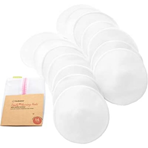 Organic Bamboo 3-Layers Nursing Breast Pads - 14 Washable Pads + Wash Bag - Breastfeeding Nipple Pad for Maternity - Reusable Nipplecovers for Breast Feeding (Soft White Lite, L 4.8")