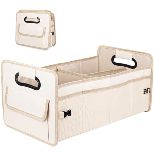 JiatuA Car Trunk Organizer, Car Organizers and Storage Collapsible Multi Compartment Container Box, Adjustable Car Accessories for SUV Sedan Truck, Large Size, Beige