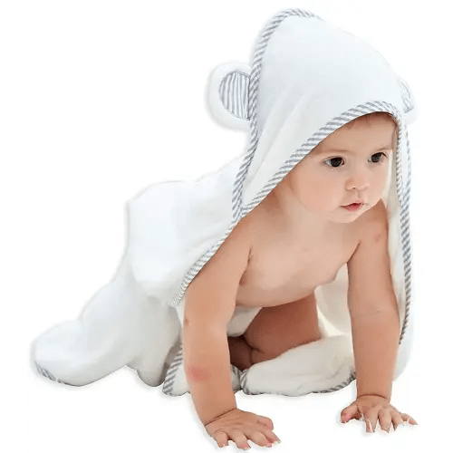 HIPHOP PANDA Hooded Towel - Rayon Made from Bamboo, Bath Towel with Bear Ears for Newborn, Babie, Toddler, Infant - Absorbent Large Baby Towel - White, 30 x 30 Inch