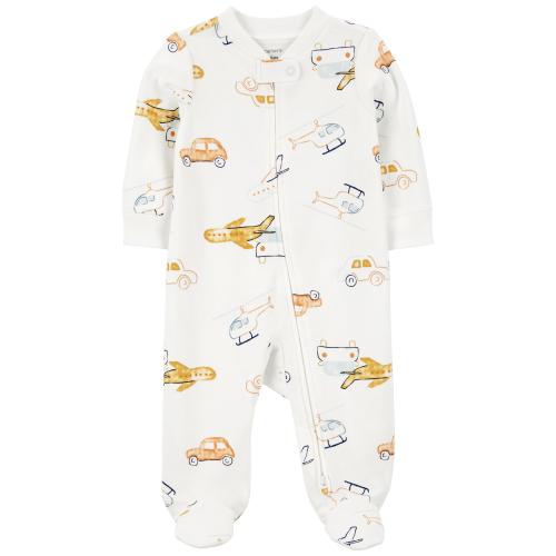 Baby Vehicles 2-Way Zip Cotton Sleep & Play Pajamas - NB - Style,White