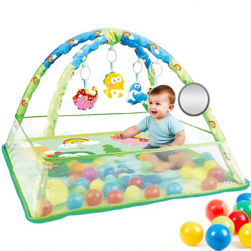 Baby Play Gym with Ball Pit & Hanging Toys – Soft Tummy Time Mat for Infants & Toddlers, Sensory Activity Center for 0-12 Months, Green