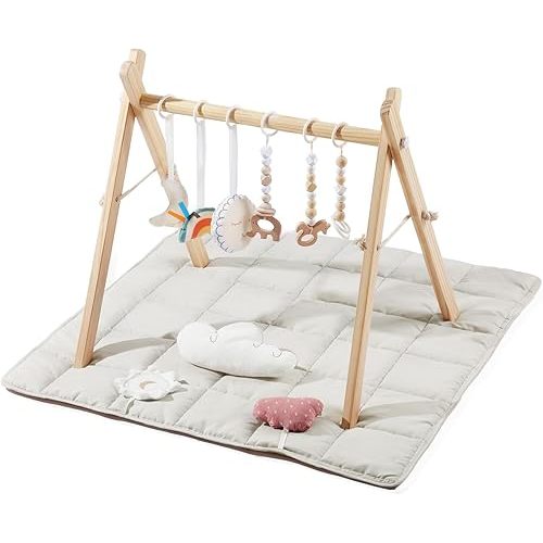 Baby Gym with Mat, Wooden Play Gym with 9 Sensory Toys, Foldable Baby Play GymFrame Activity Center, Natural Pine Wood, Montessori Toys, Easy to Assemble & Clean, Natural Color