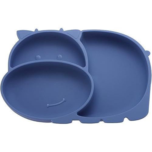 RUNDE Silicone Baby Plates with Suction,Divided Placemat Dish for Toddlers and Kids,Baby First Stage Self Feeding Training Supplies (Hippo-Blue)