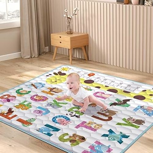 Baby Play Mat for Floor, 2 in 1 Crawling & Learning 50x50 Playpen Mat with Vivid Alphabet & Animal Pattern, Non-Slip One-Piece Foam Thick Play Mat for Babies and Toddlers, Machine Washable & Foldable