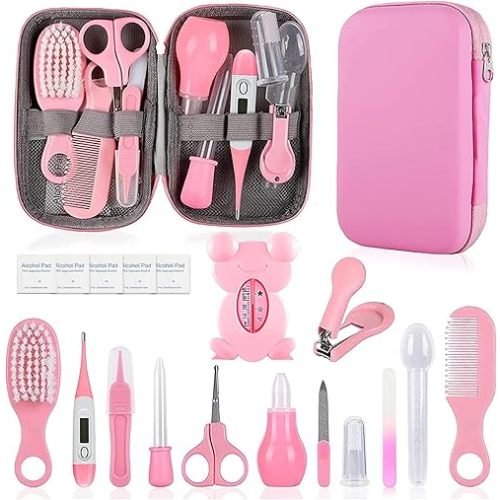 Baby Grooming Kit, Infant Safety Care Set with Hair Brush Comb Nail Clipper Nasal Aspirator,Baby Essentials Kit for Newborn Girls Boys (Pink Baby Grooming kit)