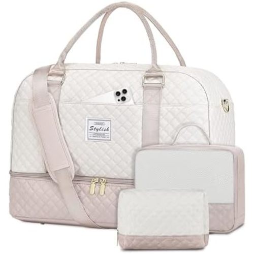 Travel Duffle Bag Weekender for Women: Travel Duffel Bag Carry-On Overnight Bag with Shoe Compartment & Wet Pocket Large Weekend Tote Bag with Toiletry Bags Gym Duffel Bag for Hospital Beige