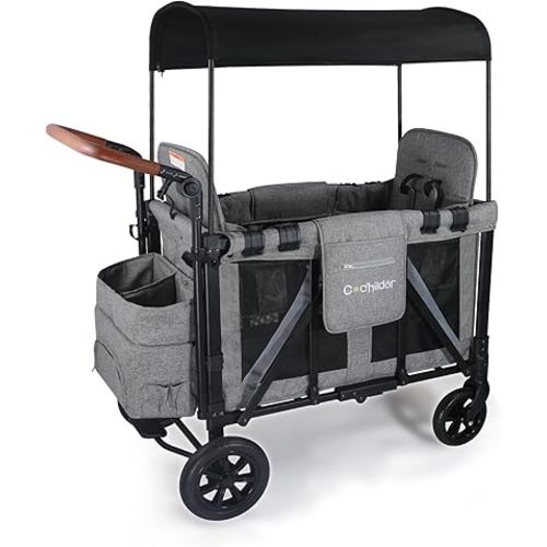 Elite 2S 2-Seater Wagon Stroller for Kids – One-Hand Fold Design, High Seats with 5-Point Harness, Adjustable Handlebar, Removable Canopy & Compact Storage, Light Grey