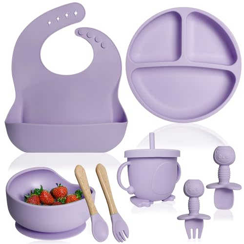 Bluet B- Silicone Baby Feeding Set - Baby Led Weaning Supplies - Baby Spoons, Suction Bowl - Plate - Baby Utensils Set - Silicone Feeding Set for Baby First Foods, Infant Eating - 8pcs - Purple