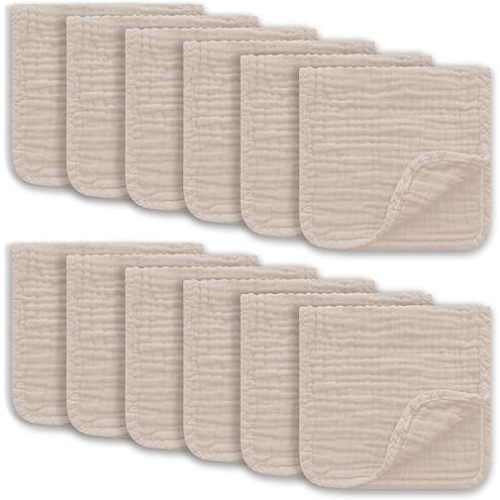 Muslin Burp Cloths Large 100% Cotton Hand Washcloths for Boys & Girls, Baby Essentials Extra Absorbent and Soft Burping Rags for Newborn Registry (Brown, 12-Pack, 20" X10")