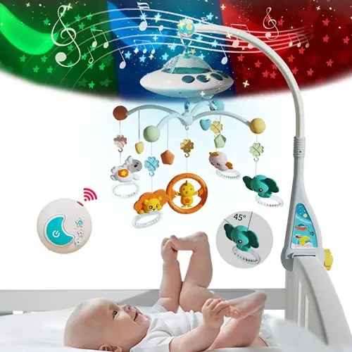 Lcasio Baby Musical Crib Mobile with Night Lights and Relaxing Music,Hanging Rotating Animals Rattles,Stars Projection,Remote Control,for Boy Girl Newborn Baby Toys(Blue)