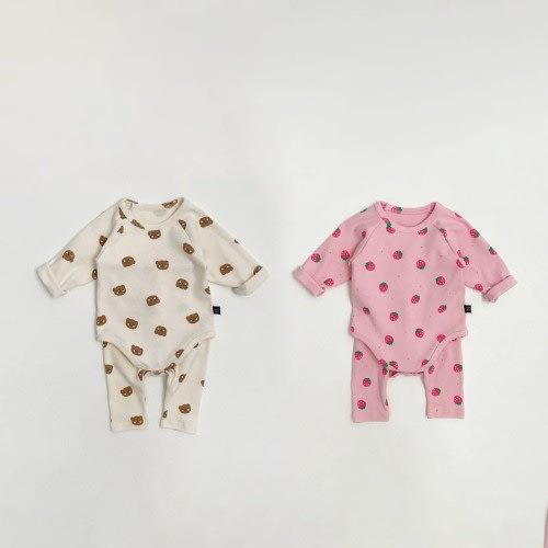 Baby S25 Bear / Strawberry Printed Bodysuit and Pants Set (0-12m) - 2 Colors | AT NOON STORE