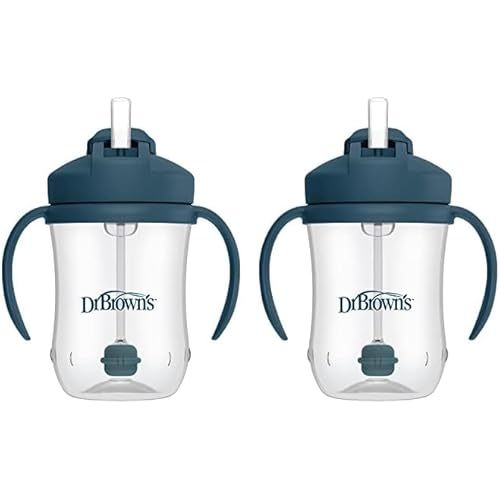Dr. Brown's Milestones Baby’s First Straw Cup, Training Cup with Weighted Straw, Dark Blue, 6m+ (Pack of 2)