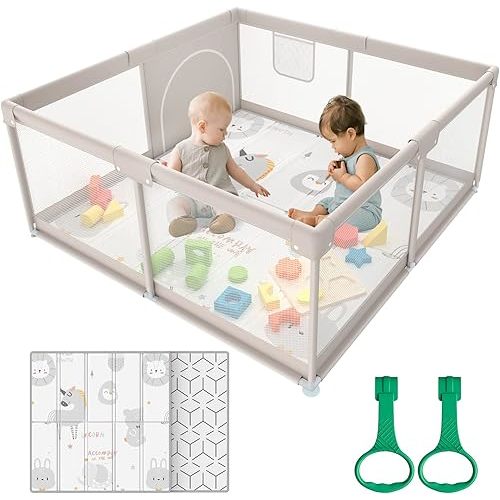 ZEEBABA Baby Playpen with Mat, 47x47 inch Playpen, Playpen for Babies and Toddlers, Small Baby Play Pens, Large Playpen for Toddler, Play Yard for Infants with 47" Play Mat, Playard with Gate