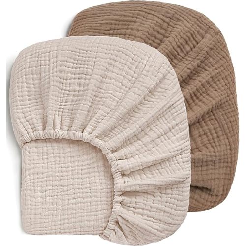 Pro Goleem Muslin Crib Sheets, 100% Cotton Crib Sheets for Boy Girl, 2 Pack Breathable Soft Neutral Baby Bed Sheets Set, Fits Standard Crib Mattress & Toddler Mattress 52"x28", (Brown＆Beige)