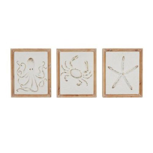 Set Of 3 Metal Sea Life Wall Decors With Wooden Frame And Gold Accents - Olivia & May: Coastal Style Vertical Art