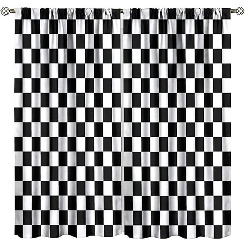 Racing Car Curtains Black and White Checkered Racing Flag Sports Theme Pattern Print All Seasons Blackout for Bedroom Kitchen Living Room Bathroom21 W x 63" L x 2