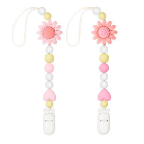 LSTRAGY Silicone Pacifier Clip, 2 Pack Pacifier Holder for Boys and Girls, Adorable Sunflower Pacifier Strap Fits for Most Pacifier, Baby Teethers and Toy Straps (Light Pink&Pink)