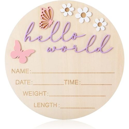 Hello World Newborn Sign, 5.9 Inch Wooden Baby Announcement Sign Pink Butterfly Style Birth Welcome Board for Newborn Boys Girls Photo Props Baby Shower Hospital Nursery (Purple)
