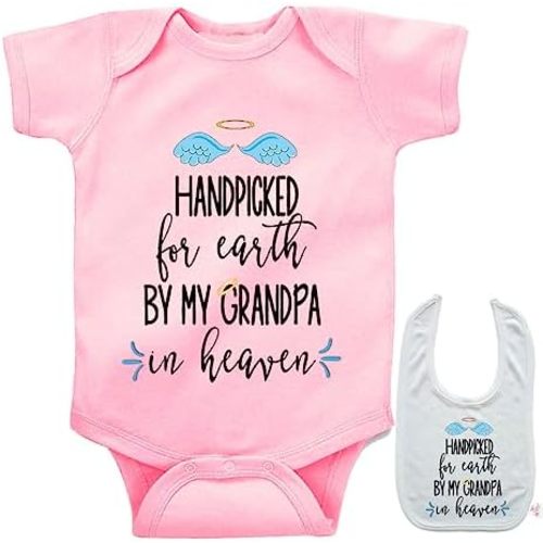 Hand Picked By Grandpa in Heaven -Cute family Infant Baby bodysuit onesie & bib