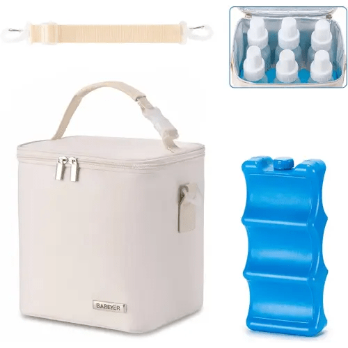 Breastmilk Cooler Bag with Ice Pack Fits 6 Baby Bottles Up to 9 Ounce, Baby Bottle Bag with Shoulder Strap for Nursing Mom Daycare, Cream