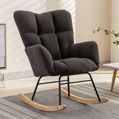 NIOIIKIT Nursery Rocking Chair Teddy Upholstered Glider Rocker Rocking Accent Chair Padded Seat with High Backrest Armchair Comfy Side Chair for Living Room Bedroom Offices (Dark Grey)